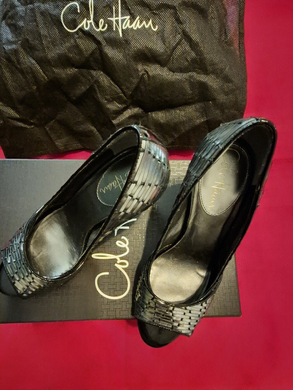 Cole Haan Tiana Air Open Toe Gunmetal Silver Woven Stiletto Pumps 3.5” H' Size 6